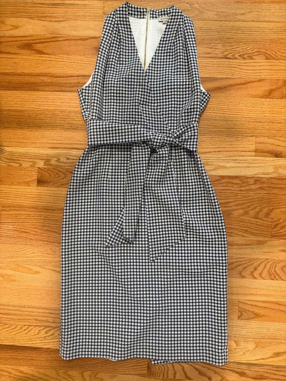 Cremieux Navy White Gingham Sheath Dress Removable Belt Gold Zip Size 4